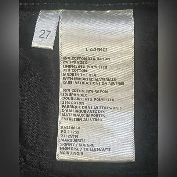 L'AGENCE jeans Marguerite black Velvet High Rise Skinny Pants 27 - Picture 4 of 5